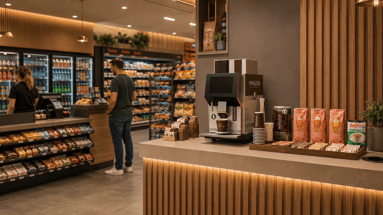 Estación de café premium Mokador en minimarket